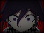 1boy black_background black_hair black_scarf checkered_clothes checkered_scarf danganronpa_(series) danganronpa_v3:_killing_harmony flipped_hair hair_between_eyes highres looking_at_viewer male_focus meme oma_kokichi open_mouth portrait purple_eyes red_background reference_request scarf solo suiren_yurei white_scarf 