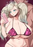  1girl absurdres animal_print bikini blonde_hair blue_eyes breasts breath cellphone cleavage collarbone curvy english_text grabbing grabbing_another&#039;s_breast grabbing_from_behind hair_ornament hairclip hetero highres holding holding_phone huge_breasts leopard_print long_hair looking_at_phone micro_bikini navel open_mouth persona persona_5 phone selfie smartphone stomach swimsuit takamaki_anne tiger_drop twintails 