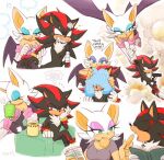 1boy 1girl biscuit_(bread) book carrying clenched_teeth collage couch cup drink drinking feeding flying green_eyes gun hand_on_own_chest holding holding_book holding_cup holding_gun holding_magazine holding_weapon magazine_(object) on_couch red_eyes rouge_the_bat shadow_the_hedgehog shadow_the_hedgehog_(game) sharp_teeth sitting sonic_(series) teeth washing weapon yotsumeddd 