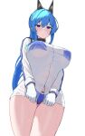  bikini bikini_under_clothes blue_bikini blue_eyes blue_hair blush breasts commentary embarrassed gloves goddess_of_victory:_nikke helm_(nikke) highres huge_breasts long_hair looking_at_viewer looking_down see-through see-through_shirt shirt sweat swimsuit wet wet_clothes wet_shirt white_gloves white_shirt xi_oshir1 