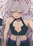  1girl 1other against_wall bare_shoulders blush breasts collarbone fang granblue_fantasy hair_between_eyes hand_on_wall highres kabedon light_purple_hair lips long_hair looking_at_viewer medusa_(shingeki_no_bahamut) midriff mifuta open_mouth pointy_ears small_breasts solo_focus unzipping very_long_hair wall zipper 
