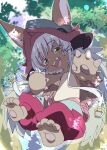  1other :d animal_ears animal_hands body_fur brown_fur claws commentary_request furry green_eyes hat ixy looking_at_viewer made_in_abyss nanachi_(made_in_abyss) pants red_pants short_hair smile solo whiskers white_hair 