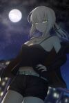  1girl absurdres artoria_pendragon_(fate) black_ribbon black_tank_top fate/grand_order fate_(series) hair_ribbon hand_on_own_hip highres jacket jewelry long_sleeves looking_at_viewer moon necklace night open_clothes open_jacket ponytail ribbon saber_alter saber_alter_(ver._shinjuku_1999)_(fate) shorts sidelocks sky solo standing star_(sky) starry_sky szl tank_top white_hair yellow_eyes 