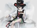  1other androgynous animalization black_coat black_eyes black_hair black_headwear bow bowtie brown_scarf cat closed_mouth coat collared_shirt crossed_legs cup dated detached_sleeves enraku_tsubakura eye_of_senri eye_on_hat geta green_skirt hakama hakama_short_skirt hakama_skirt hat highres holding holding_cup houlen_yabusame japanese_clothes jiyuyun0707 len&#039;en long_sleeves mountainous_horizon red_bow red_bowtie red_footwear ribbon-trimmed_coat rock sakazuki scarf shirt short_hair sitting skirt sleeveless_coat smile socks tabi top_hat white_cat white_shirt white_sleeves white_socks wide_sleeves 