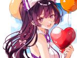  1girl :d absurdres balloon bare_shoulders blue_sky bow braid breasts cloud commentary day frilled_bow frills from_side hair_between_eyes hair_bow heart_balloon highres honkai_(series) honkai_impact_3rd long_hair looking_at_viewer looking_to_the_side medium_breasts mofumanju purple_eyes purple_hair raiden_mei shirt sky sleeveless sleeveless_shirt smile solo thick_eyebrows upper_body white_bow white_shirt 