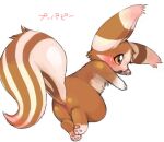  2008 ambiguous_gender blush brown_body brown_fur butt eyelashes feral fur japanese_text lying on_side open_mouth orange_eyes pawpads paws raised_tail simple_background solo suppainu tail tan_body tan_fur text three-quarter_view unknown_species white_background 