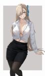  1girl asuna_(blue_archive) black_skirt blonde_hair blue_archive blue_eyes blue_ribbon border breasts clisapex collarbone cowboy_shot grin hair_over_one_eye hair_ribbon highres large_breasts long_hair looking_at_viewer mole mole_on_breast navel office_lady pantyhose pencil_skirt ribbon shirt skirt smile solo tied_shirt very_long_hair white_border white_shirt 