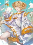  1boy androgynous blonde_hair blue_sky bow cloud cogimyun dress fragaria_memories highres long_sleeves looking_at_viewer male_focus myunna_(fragaria_memories) open_mouth sanrio short_twintails shorts sky smile solo teeth twintails wheat_field white_bow white_dress white_shorts yaoyaobae 