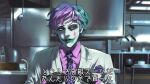  1boy batman_(series) black_gloves colored_skin dc_comics eye_print faucet formal gloves gradient_hair green_eyes green_hair green_lips handkerchief joe_rikiichi kitchen morisaki_jiro multicolored_hair nijisanji parody pink_hair pink_shirt purple_hair scene_reference shirt solo soup_ladle subtitled suit teardrop_facial_mark the_dark_knight translated virtual_youtuber white_skin white_suit 