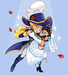  1boy 1girl aristocratic_clothes big_nose blue_eyes blush blush_stickers boots bridal_veil brown_hair crossdressing dress elbow_gloves facial_hair flower gloves hat hat_feather hat_flower high_heel_boots high_heels highres knee_boots loveycloud low_ponytail mario mario_(series) mustache official_alternate_costume petals ponytail princess_peach princess_peach:_showtime! rose_petals smile super_mario_odyssey swordfighter_peach tiara veil wedding_dress white_dress white_gloves 