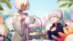  2girls :d anna_lordstrom black_gloves blurry blurry_foreground breasts brown_eyes chair clara_lindvall cleavage copyright_name cup dairoku_ryouhei dark-skinned_female dark_skin day eye_contact fingerless_gloves flower food gloves grey_eyes grey_hair highres holding holding_teapot long_hair looking_at_another muffin multiple_girls outdoors ponytail robe short_hair sitting smile standing table teacup teapot tiered_tray umou_tw white_hair white_robe wide_sleeves 