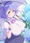  1girl absurdres aqua_eyes black_skirt blue_flower blurry blurry_background blush breasts clenched_hands closed_mouth clover-shaped_pupils collared_shirt commentary_request flower hair_between_eyes hair_flower hair_ornament hairband highres holding holding_umbrella hydrangea large_breasts looking_at_viewer mole original overall_skirt purple_hair sakamata_(sakamata4) shirt short_hair short_sleeves skirt smile solo standing umbrella white_shirt 