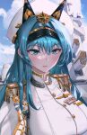  1girl absurdres aqua_hair blue_eyes blue_sky breasts epaulettes goddess_of_victory:_nikke hat helm_(nikke) highres huge_breasts jesh_art long_hair long_sleeves medal military military_uniform outdoors ship ship_deck simple_background sky uniform very_long_hair watercraft white_headwear 