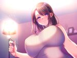  1girl aizawa_chihiro blurry blurry_background breasts brown_hair ear_cleaning lamp lap_pov large_breasts mimikaki mole mole_under_eye official_art original picture_frame purple_eyes ribbed_shirt shelf shirt sleeveless sleeveless_shirt sleeveless_turtleneck smile solo swept_bangs turtleneck 
