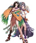  2girls bare_shoulders breasts brown_hair cleavage closed_mouth detached_sleeves ekao feathers feet fire_emblem fire_emblem_fates fire_emblem_heroes folded_fan folding_fan full_body geta hair_ornament hair_over_one_eye hand_fan highres holding japanese_clothes jewelry kagero_(fire_emblem) kimono large_breasts legs lips long_hair looking_at_viewer midriff multiple_girls navel necklace non-web_source official_art orochi_(fire_emblem) purple_eyes purple_hair red_eyes reverse_grip sandals short_kimono side_slit skirt smile standing stomach toeless_footwear toenails toes transparent_background wide_sleeves 