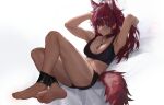  1girl absurdres ahoge animal_collar animal_ear_fluff animal_ears ankle_cuffs armpits arms_up bafangyu barefoot black_shorts black_sports_bra blue_eyes blush bound_ankles breasts collar commentary_request dog_tags feet full_body gundam gundam_suisei_no_majo hair_between_eyes highres knee_up large_breasts legs long_hair lying messy_hair midriff mouth_hold on_back red_hair shadow shiny_skin short_shorts shorts sidelocks simple_background soles solo sports_bra suletta_mercury sweat tail thighs toes white_background wolf_ears wolf_tail 