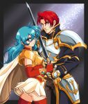  1990s_(style) 1boy 1girl armor ass black_border blue_eyes blue_hair border breastplate breasts brown_pants cuirass curtained_hair double-parted_bangs eirika_(fire_emblem) elbow_gloves english_commentary faulds fire_emblem fire_emblem:_the_sacred_stones galaxy gauntlets gloves gradient_background hair_between_eyes highres holding holding_sword holding_weapon long_hair looking_at_viewer night night_sky pants pauldrons red_eyes red_gloves red_hair red_thighhighs retro_artstyle seth_(fire_emblem) short_hair shoulder_armor sirknightbot skirt sky small_breasts star_(sky) sword teeth thighhighs weapon white_skirt 
