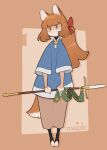  1girl animal_ears blue_shirt bow brown_background brown_eyes brown_hair dog_ears dog_girl dog_tail drop_shadow english_commentary full_body hair_bow highres holding holding_polearm holding_weapon long_hair maple_(tealst) original polearm ponytail red_bow shirt solo spear standing tail tealst weapon 