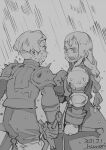  1boy 1girl agrias_oaks armor braid braided_ponytail closed_mouth dated final_fantasy final_fantasy_tactics gloves greyscale highres hounori knight long_hair monochrome open_mouth ramza_beoulve short_hair shoulder_armor simple_background single_braid sword twitter_username weapon white_background 