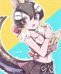  1girl animal_ears bare_shoulders blue_background brown_eyes brown_hair chipmunk_ears chipmunk_girl chipmunk_tail eating extra_ears food highres ice_cream kanmoku-san kemono_friends looking_at_viewer navel ribbon short_hair siberian_chipmunk_(kemono_friends) simple_background solo swimsuit tail yellow_background 