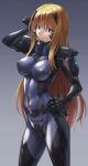  1girl armored_bodysuit blonde_hair blue_background blue_eyes bodysuit breasts character_request commentary_request covered_navel covered_nipples fortified_suit gradient_background hand_on_own_head hand_on_own_hip headgear highres impossible_bodysuit impossible_clothes kurione_(zassou) long_hair looking_at_viewer medium_breasts muv-luv muv-luv_alternative shiny_clothes skin_tight solo standing 