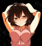  1girl adapted_costume animal_ears arms_up black_background blush breasts brown_eyes brown_hair dress expressionless floppy_ears highres inaba_tewi light_particles looking_at_viewer medium_breasts mizuga pink_dress rabbit_ears short_hair simple_background solo touhou unfinished 