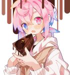  1boy :o absurdres blush blush_stickers bright_pupils brown_shirt brown_sweater_vest cake chocolate chocolate_cake commentary_request cowlick fang food heterochromia highres holding holding_cake holding_food hood hood_down hoodie layered_clothes looking_at_viewer male_focus medium_hair open_mouth original pink_eyes pink_hair raito-kun_(uenomigi) shirt sidelocks simple_background skin_fang solo sweater_vest uenomigi upper_body white_background white_hoodie white_pupils 