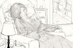 1girl closed_eyes couch dress dreya_(path_to_nowhere) greyscale highres lamp medium_hair moaomao_mo monochrome on_couch parted_lips path_to_nowhere pillow round_eyewear sketch sleeping solo sunglasses table unfinished wooden_floor 
