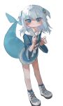  1girl bare_legs blue_eyes blue_hair blue_hoodie blue_socks blush closed_mouth fins fish_tail full_body gawr_gura gawr_gura_(1st_costume) grey_hair hair_ornament hands_up highres hololive hololive_english hood hood_down hoodie looking_at_viewer medium_hair multicolored_hair semi_ame_shigure shark_hair_ornament shark_print shark_tail shoes simple_background sleeves_past_elbows socks solo standing streaked_hair tail two_side_up white_background white_footwear wide_sleeves 