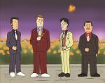  4boys beer_can bill_dauterive black_hair black_shirt blazer blue_shirt brown_vest bug butterfly can closed_mouth collared_shirt commentary_request cosplay dale_gribble expressionless facial_hair full_body glasses grey_jacket grey_pants hank_hill highres jacket jeff_boomhauer king_of_the_hill long_sleeves looking_at_another looking_at_viewer male_focus multiple_boys mustache necktie opaque_glasses open_clothes open_jacket orange_butterfly pants parted_bangs pink_necktie red_shirt shirt shoes short_hair standing suit umineko_no_naku_koro_ni ushiromiya_george ushiromiya_george_(cosplay) ushiromiya_hideyoshi ushiromiya_hideyoshi_(cosplay) ushiromiya_krauss ushiromiya_krauss_(cosplay) ushiromiya_rudolf ushiromiya_rudolf_(cosplay) very_short_hair vest white_footwear white_necktie whoa_uwu yellow_necktie 