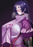 1girl armor blush bodysuit breasts breath fate/grand_order fate_(series) heavy_breathing huge_breasts japanese_armor kairi_(fotune) kote lactation lactation_through_clothes long_hair looking_at_viewer minamoto_no_raikou_(fate) open_mouth parted_bangs purple_bodysuit purple_eyes purple_hair ribbed_sleeves rope solo sweat tabard very_long_hair 