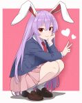  1girl animal_ears blue_jacket full_body hand_up heart highres jacket kisaragi_koushi long_hair looking_at_viewer necktie pink_skirt purple_hair rabbit_ears red_background red_eyes reisen_udongein_inaba shadow simple_background skirt solo squatting touhou v very_long_hair 