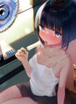  1girl black_hair blush breasts camisole commentary_request cup drinking_glass eating electric_fan food hot indoors kanro_ame_(ameko) kotatsu looking_at_viewer original popsicle purple_eyes saliva saliva_trail short_hair shorts sitting small_breasts solo sunlight table tatami tongue tongue_out white_camisole 