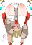  1girl ass blonde_hair brown_footwear crotch_seam crystal dress flandre_scarlet frilled_cuffs from_behind hanging horizontal_bar looking_at_viewer looking_back medium_hair motion_lines one_side_up panties red_dress red_eyes shoes simple_background solo thighhighs touhou twitter_username underwear white_background white_panties white_thighhighs wings zannen_na_hito 