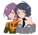  2boys black_shirt blue_eyes blue_hair blue_jacket frown garma_zabi green_jacket grin gundam hair_over_one_eye high_collar jacket kamille_bidan looking_at_another male_focus military_uniform mobile_suit_gundam multiple_boys noodleko portrait purple_eyes purple_hair shirt short_hair sideways_glance simple_background smile turtleneck uniform white_background zeta_gundam 