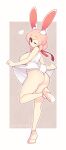  1girl absurdres animal_ear_fluff animal_ears artist_name ass bare_arms bare_legs bare_shoulders black_eyes border breasts closed_mouth clothes_lift dress dress_lift fiz_(fizintine) fizintine from_side grey_background heart highres large_breasts legs lifted_by_self light_blush looking_at_viewer looking_back medium_hair no_pupils one_eye_closed original outside_border panties pink_footwear pink_hair rabbit_ears rabbit_girl rabbit_tail shoe_soles sleeveless sleeveless_dress solo standing standing_on_one_leg tail thong underwear white_border white_dress white_panties 