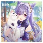  1girl :d absurdres animal animal_hug bare_shoulders black_gloves cat commentary_request cone_hair_bun detached_sleeves genshin_impact gloves hair_bun hair_ornament highres holding holding_animal holding_cat keqing_(genshin_impact) long_hair looking_at_viewer official_art open_mouth outdoors purple_eyes purple_hair smile solo upper_body very_long_hair watermark white_cat 
