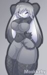  2023 ahoge anthro breasts chain clothed clothing eyes_closed female fishnet fur grey_body grey_fur hair hi_res lagomorph leporid mammal mookkzhy navel portrait rabbit silver_hair smile solo three-quarter_portrait topwear wide_hips 