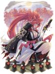  1girl autumn baiken black_footwear black_jacket breasts center_opening drawing_sword eyepatch facial_mark full_moon glint guilty_gear highres holding holding_sword holding_weapon jacket japanese_clothes katana kimono large_breasts long_hair moon on_one_knee open_mouth petals pink_eyes ponytail red_hair red_nails shinomen solo statue sword tatami teeth upper_teeth_only weapon white_kimono 