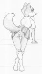  anthro anus bottomwear butt canid canine canis clothed clothing dogwash domestic_dog female footwear genitals graphite_(artwork) mammal no_underwear pencil_(artwork) pussy raised_tail rear_view shirt skirt socks solo surprised_expression tail topwear traditional_media_(artwork) 