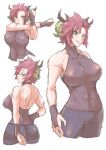  1girl alternate_costume back_cutout bare_shoulders breasts clothing_cutout clothing_request comic_hand duel_monster fingerless_gloves gloves green_eyes hand_on_own_hip horns large_breasts red_hair short_hair sketch stretching white_background yu-gi-oh! zoodiac_drident 