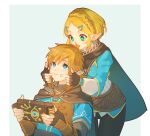  1boy 1girl black_pants blonde_hair blue_eyes blue_tunic blue_vest braid crown_braid fingersmile green_eyes hair_ornament hairclip hood light_brown_hair link natural_wind pants pointy_ears princess_zelda princess_zelda_(botw) sheikah_slate short_hair sidelocks simple_background the_legend_of_zelda the_legend_of_zelda:_breath_of_the_wild the_legend_of_zelda:_tears_of_the_kingdom vest 