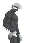  1boy alternate_muscle_size alternate_pectoral_size ass bara bulge bulge_lift chachachia0 covered_abs dressing feet_out_of_frame forehead_protector from_side greyscale hatake_kakashi highres i&#039;ve_never_seen_a_guy_recreate_this_successfully_tbh_(meme) konohagakure_symbol large_pectorals long_sleeves male_focus mask meme monochrome mouth_mask muscular muscular_male naruto_(series) naruto_shippuuden ninja ninja_mask open_pants pants pants_lift pectorals shirt short_hair solo taut_clothes taut_shirt undersized_clothes 