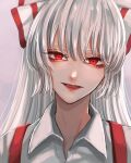  1girl bow commentary_request fujiwara_no_mokou grey_background grey_hair hair_bow highres long_hair looking_at_viewer mamiru_(42105269) open_mouth red_eyes solo suspenders touhou upper_body 