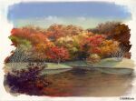  autumn autumn_leaves bare_tree blue_sky cloud cloudy_sky day forest highres nature no_humans original painting_(medium) pond scenery sky sunlight sunrise_arte traditional_media tree tree_shade water 