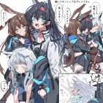  1other 3girls aged_down amiya_(arknights) animal_ear_fluff animal_ears arknights black_capelet black_jacket black_pantyhose black_skirt blaze_(arknights) blue_eyes brown_hair capelet carrying carrying_under_arm cat_ears cat_girl closed_eyes colored_eyelashes commentary doctor_(arknights) extra_ears fangs green_eyes hairband highres hood hood_down hood_up hooded_jacket jacket licking licking_another&#039;s_face long_hair long_sleeves looking_ahead looking_at_viewer low_ponytail multiple_girls na_tarapisu153 open_mouth pantyhose pleated_skirt purple_eyes rabbit_ears red_hairband rosmontis_(arknights) saliva sidelocks simple_background skirt speech_bubble tongue tongue_out translation_request very_long_ears white_background white_hair white_jacket 