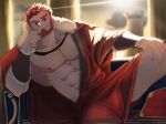  1boy :] abs alternate_costume ancient_greek_clothes backlighting bara bare_pectorals beard elbow_rest facial_hair fate/grand_order fate_(series) feet_out_of_frame highres iskandar_(fate) large_pectorals leg_up looking_at_viewer male_focus mature_male muscular muscular_male nipples pectorals pillar red_eyes red_hair seductive_smile short_hair sitting smile solo spread_legs sunbin_kim thick_eyebrows 