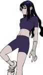  1girl bike_shorts black_hair crop_top feet_out_of_frame fingerless_gloves floating gloves long_hair midriff ongoo18 original purple_shorts shoes shorts sidelocks simple_background sneakers solo white_background 
