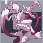  blue_eyes carrying generation_1_pokemon group itz_smi73 legendary_pokemon looking_at_viewer mega_evolution mega_mewtwo mega_mewtwo_x mega_mewtwo_y mew_(pokemon) mewtwo nintendo pink_body pokemon pokemon_(species) pose red_eyes simple_background tail trio white_body 