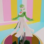  3d_(artwork) abstract_background big_breasts blender_(software) bottomwear breasts clothed clothing digital_media_(artwork) dress female fever-dreamer floating gardevoir generation_3_pokemon hi_res humanoid looking_at_viewer nintendo pokemon pokemon_(species) skirt smile smiling_at_viewer solo spinning spread_arms twirling warfare_machine 